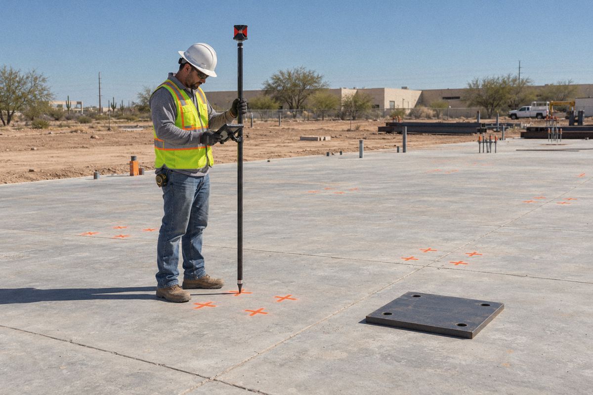 Anchor bolt locations marked on a concrete slab