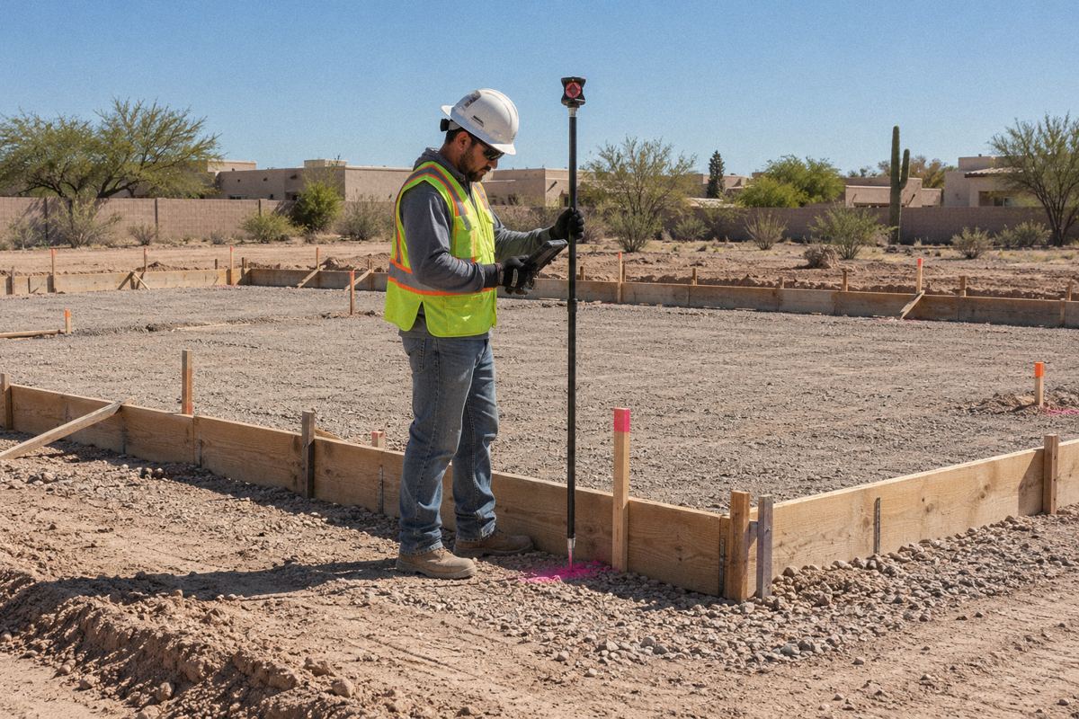 Layout points marked along concrete forms on a gravel pad