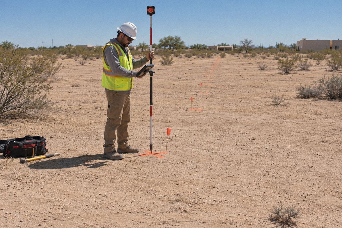 Flagged layout points for a fence line in open desert