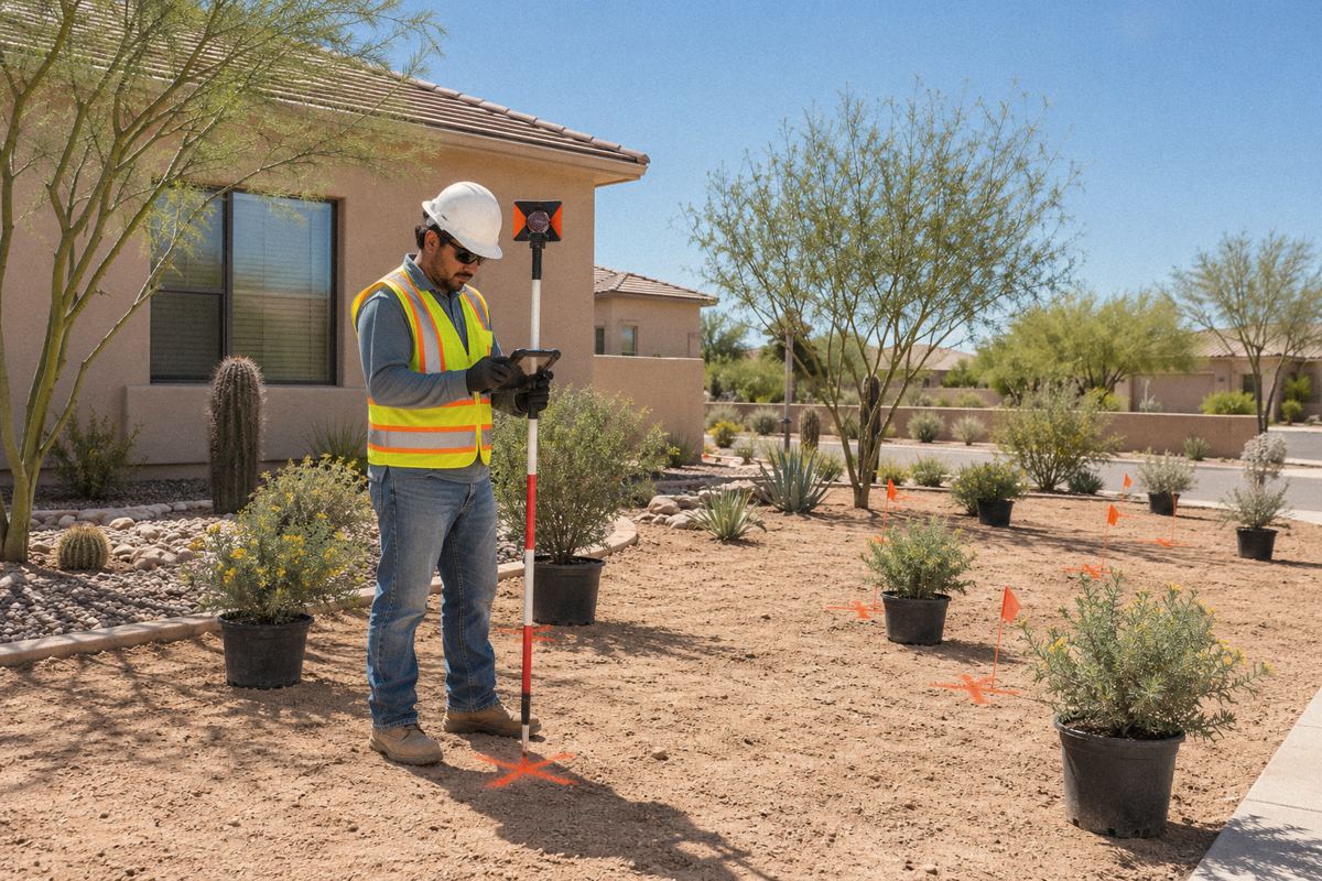 Plant locations flagged in a front-yard landscape