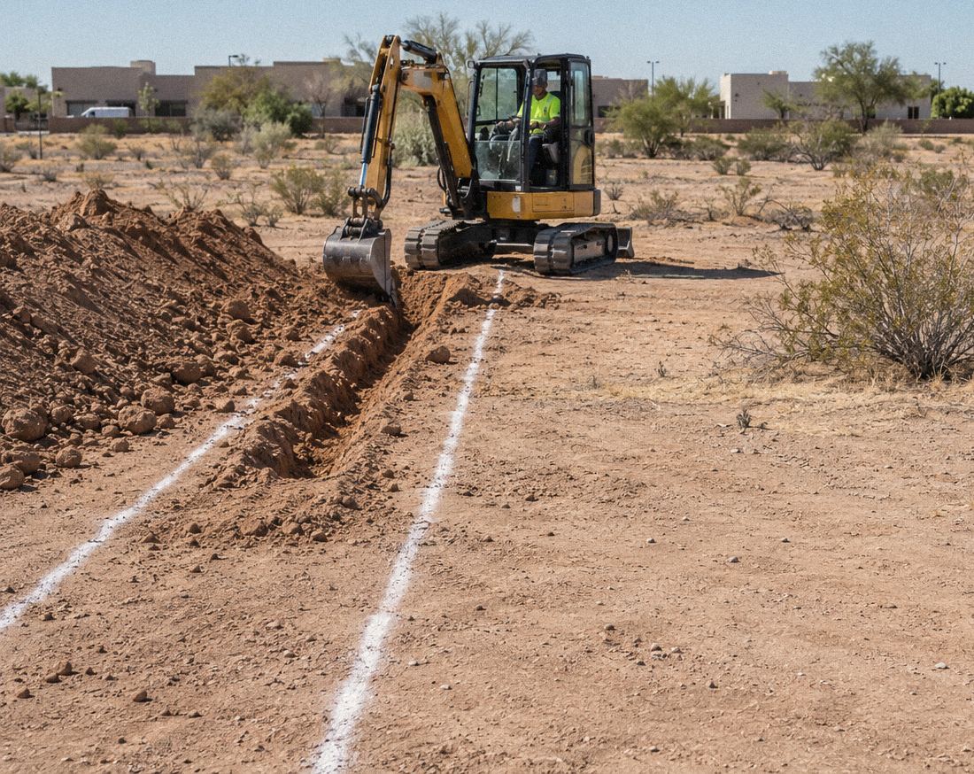 Painted trench lines with a mini excavator digging a plumbing trench